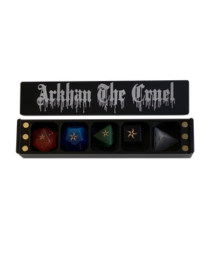 ARKHAN THE CRUEL™ Chromatic Colored (Old School) 5-Dice Set with Black Metal Coffin